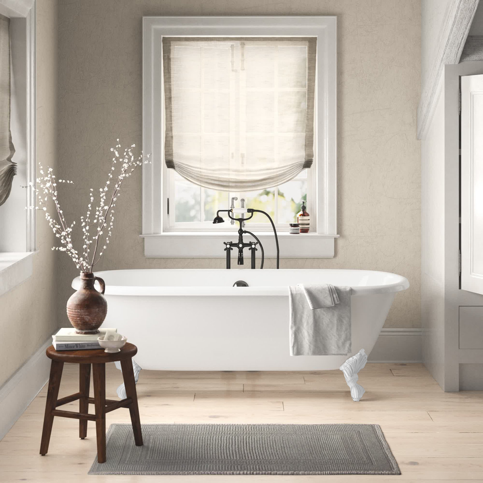 Kristin 70" Clawfoot Cast Iron Bathtub, White, Continuous Rolled Rim - No Faucet Holes, Brushed Nickel Feet