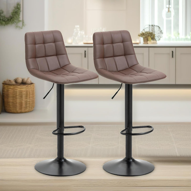 Akerra 2PC Brown Swivel Adjustable Height Bar Stools, Kitchen Chair, Vegan Leather, Barstool