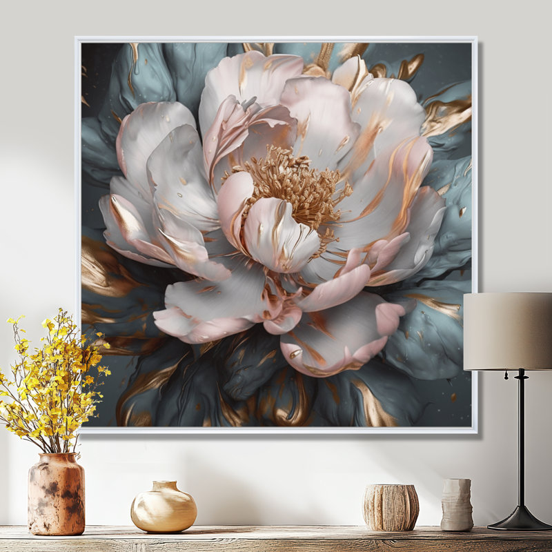 Pivoines roses et grises en fleurs I - impressions florales sur pivoines, H 24 po x l 24 po, Cadre flottant blanc