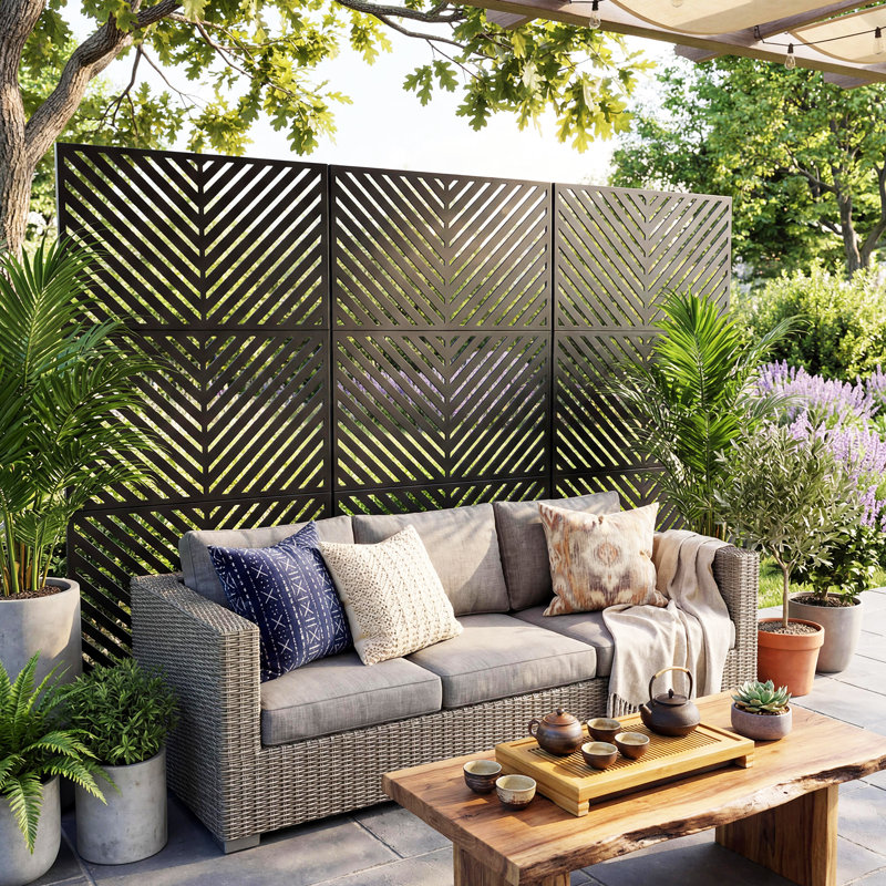 Paravent en métal 78 po x 48 po, panneau de clôture autoportant antirouille avec support pour patio, jardin, couverture AC