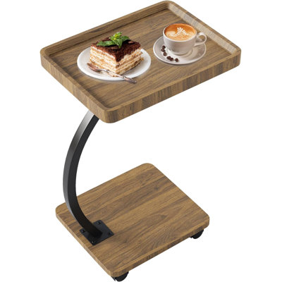 C End Table w/Wheels - Couch Side Table That Slide Under, C Shaped 360° Swivel TV Tray Tables with Storage Shelves, Sofa Tables