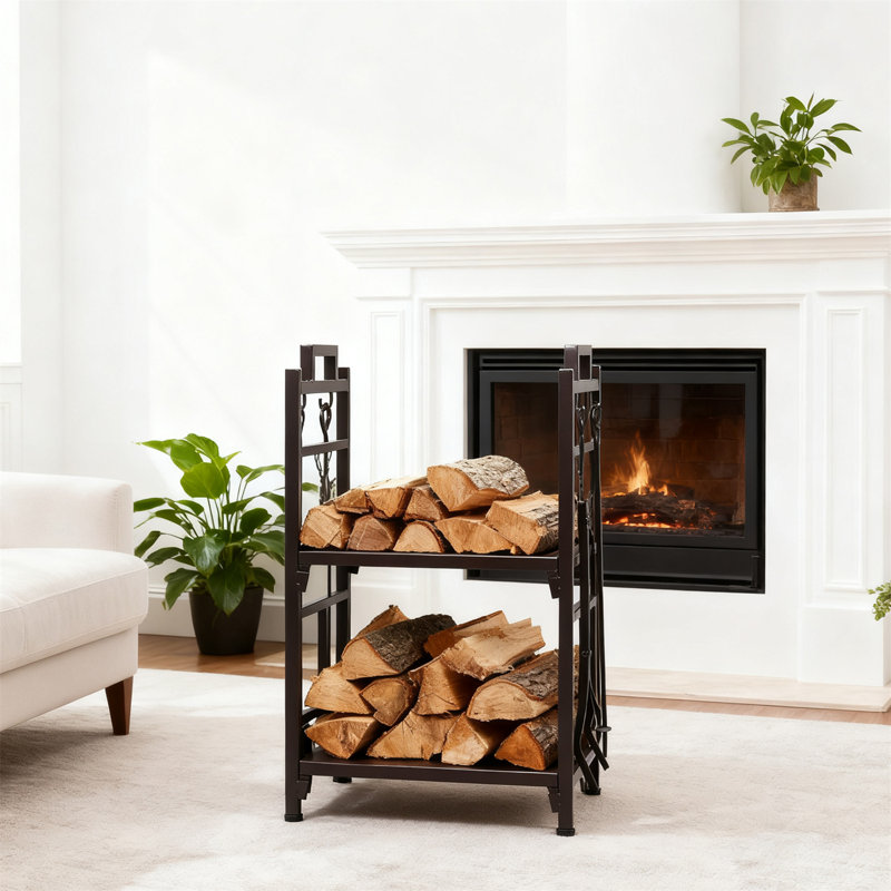 Support à bois de chauffage à 2 niveaux avec crochets à outils - Support de rangement de bûches intérieur / extérieur noir pour foyer et foyer, avec pinces, allumettes, balais et pelles