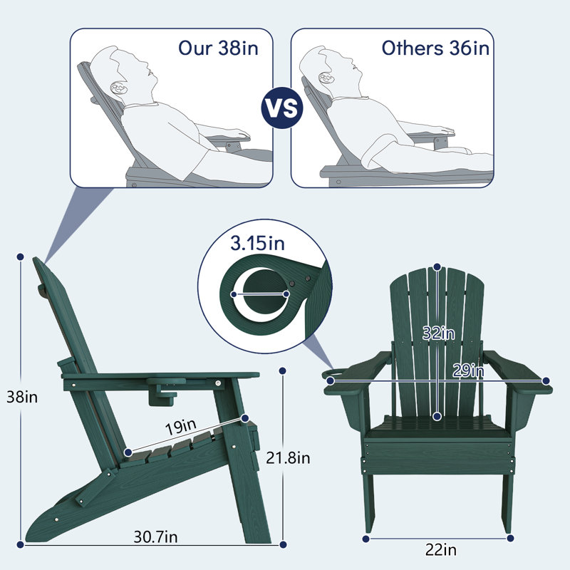Folding Adirondack Chair, Wood Texture, Cup Holder, All-Weather HDPE for Poolside/Lawn, Green, Green