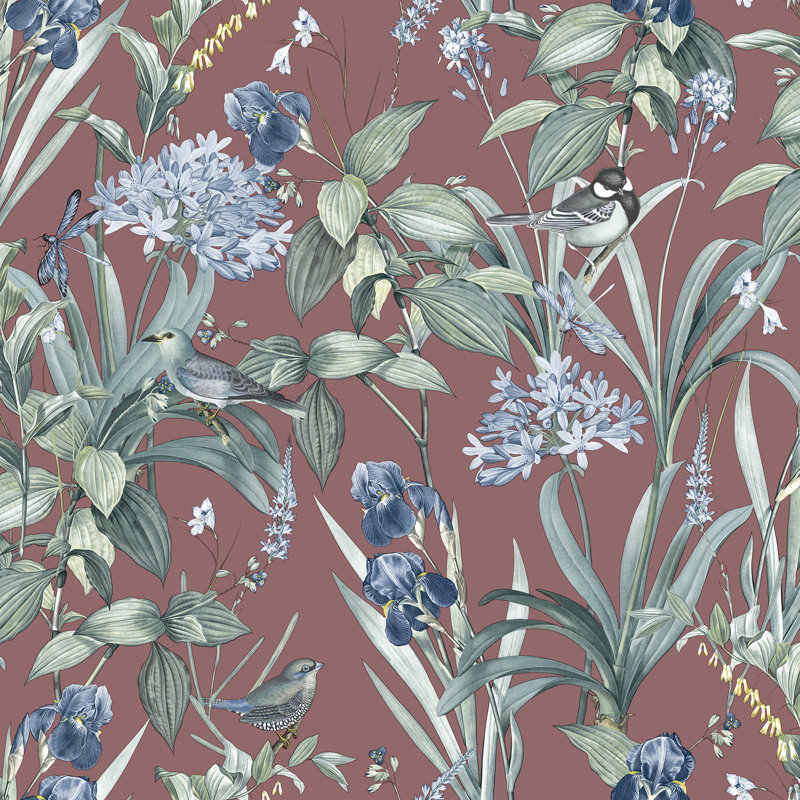Papier peint botanique Mint Birds and Dragonflies, Rouge