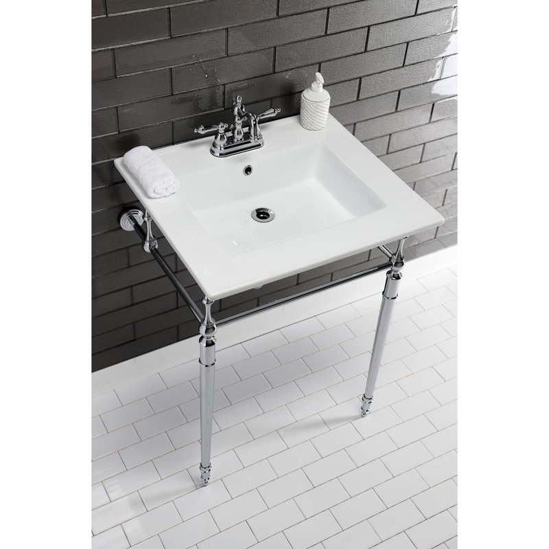Edwardian Ceramic Rectangular 25" Console Bathroom Sink, White/Polished Chrome
