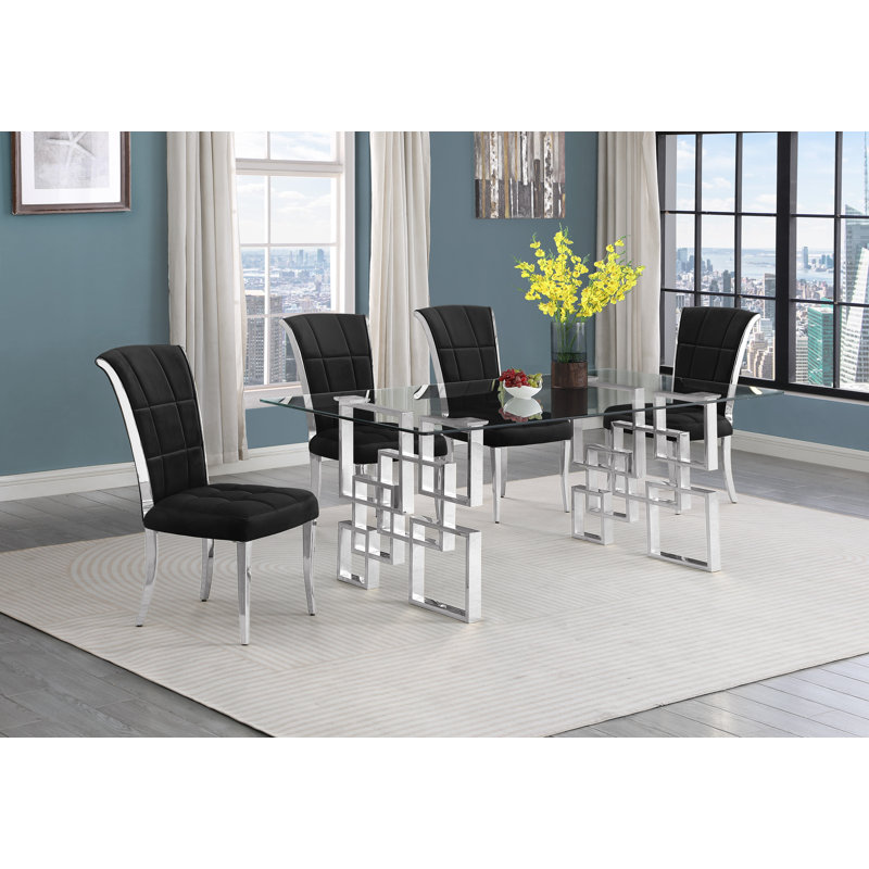 Ensemble de salle à manger avec chaises en velours L 79 po x l 40 po Joneisha, Noir / argent, Argent, 5
