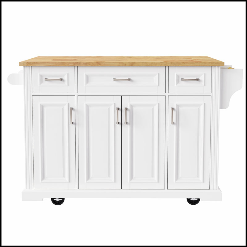 54-inch Large Kitchen Island with Rubber Wood Drop Leaf, Embossed Texture, and Ample Storage on 4 Wheels, Ideal for Modern and Farmhouse Kitchens