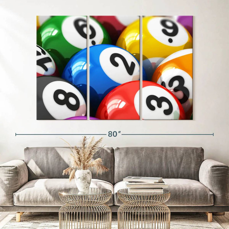 «Colorful Billiard», 3 pièces sur toile, H 42 po x l 65 po x P 1,25 po