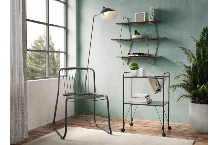 metal wall shelves and a utility cart