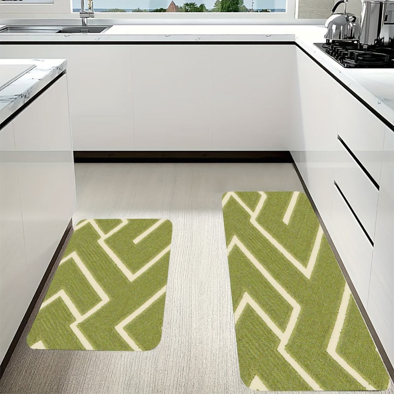 Fresh Green Lines, Kitchen Mats Set Of 2, Green Abstract