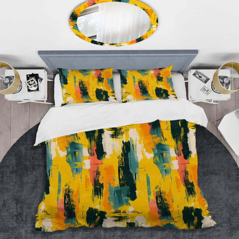 Ensemble de housse de couette moderne jaune et vert brossé, Housse de couette pour grand lit + 2 taies décora