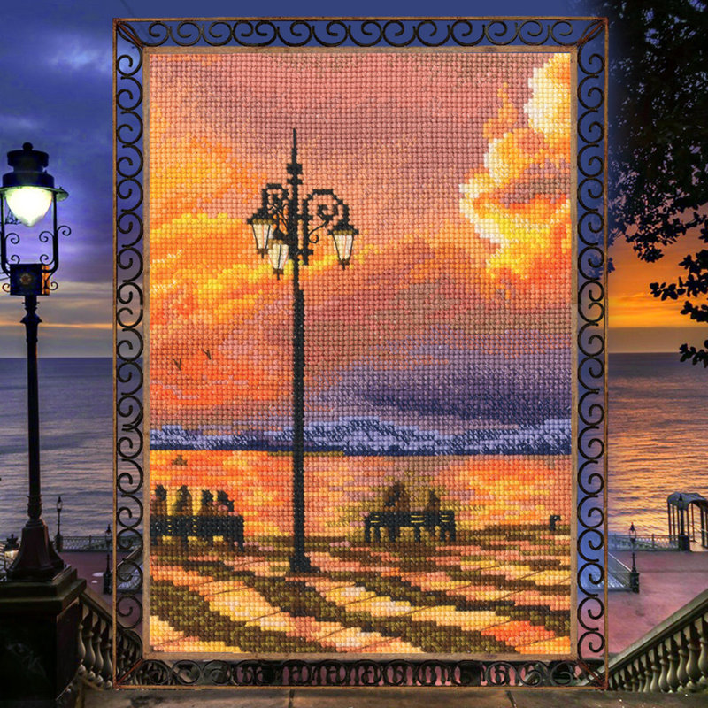 Trousse de broderie au point de croix comptée « Romance au coucher du soleil » (Promenade au bord de la mer) par RTO M1025
