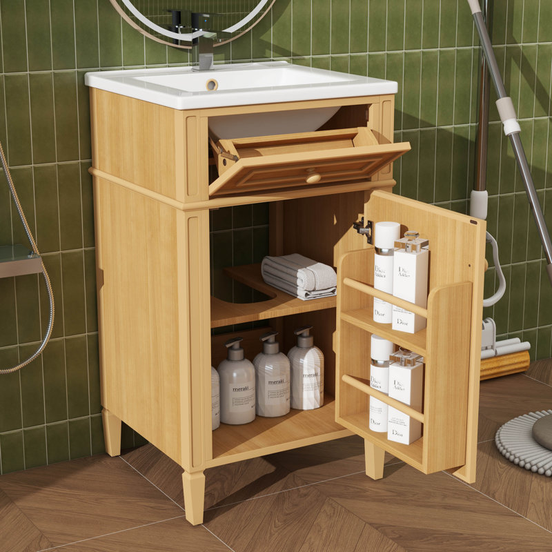 Meuble-lavabo de salle de bain avec lavabo, petite armoire de lavabo de salle de bain de 20 po avec 1 porte et 1 tiroir basculant, support de rangement et tablette réglable