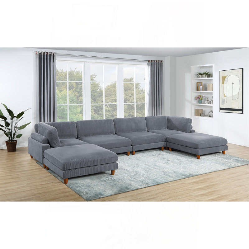 Ensemble de canapé modulaire contemporain 6 pièces, Velours côtelé gris foncé