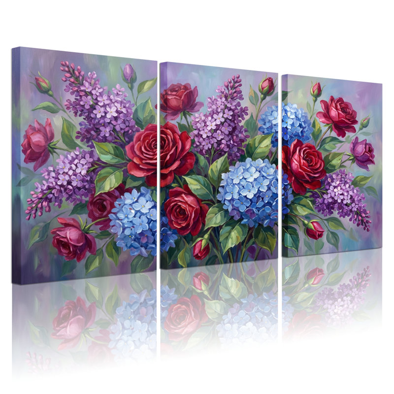 Ensemble de 3 tableaux sur toile à motif floral de roses et de lilas, pour la décoration du salon et de la chambre.