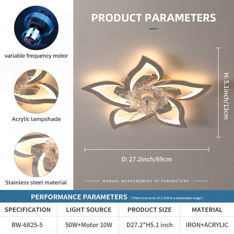 Ventilateur de plafond 27 pouces avec lumières DEL à contrôle variable à distance, ventilateur à 6 vitesses, Argent