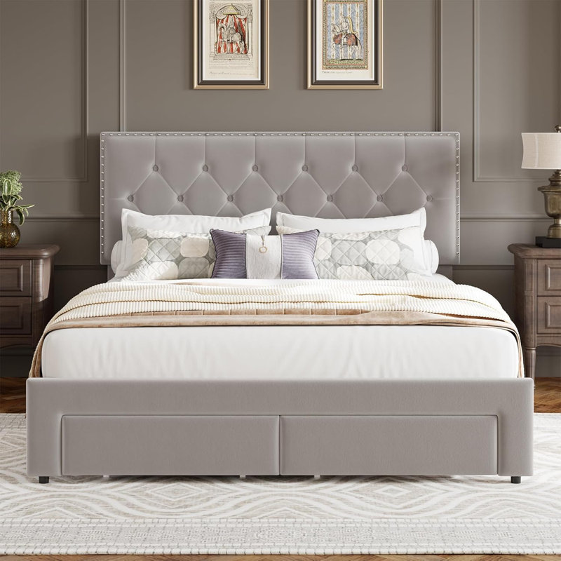Mijin Bed Frame With 2 Storage Drawers, Vintage Velvet Upholstered Bedframe With Wooden Slat Support And Button Tufted Wingback Headboard