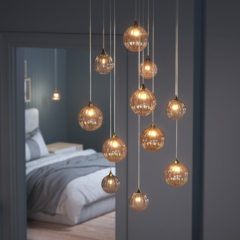 Vine 11 Amber Glass Pendants Chandelier, Black, 84"