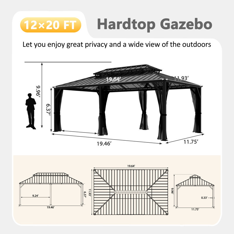 Pavillon de jardin en aluminium à toit double avec toit rigide, 19.46' W x 11.75' D