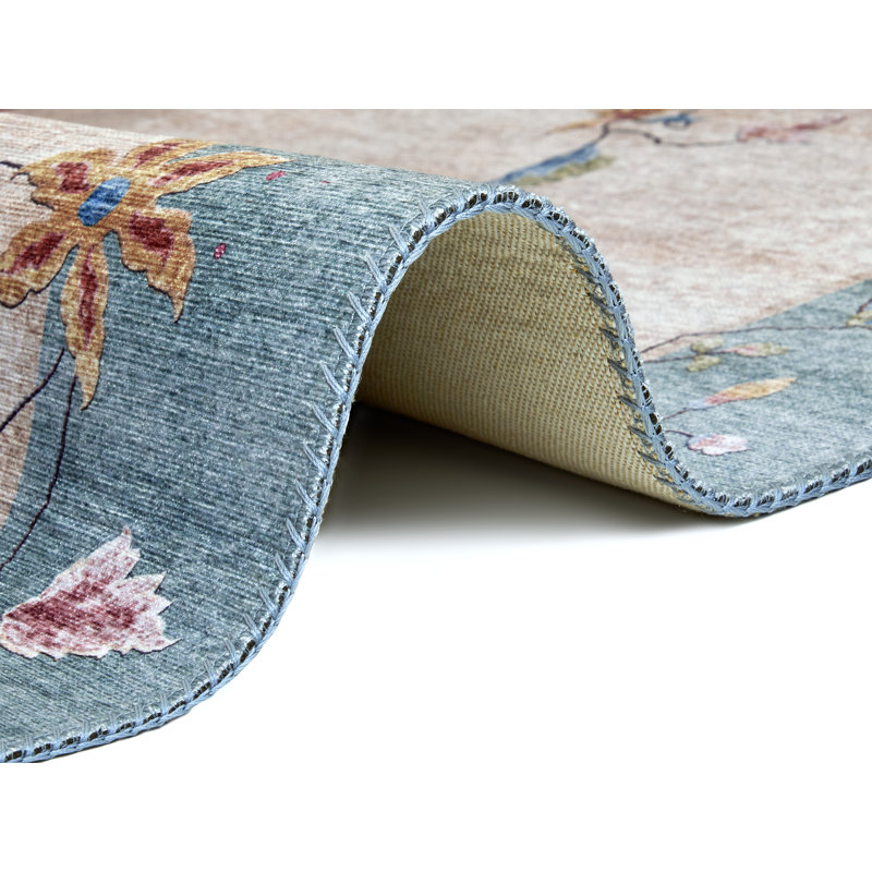 Machine Woven Beige/Teal Rug, Rectangle 80 x 150cm