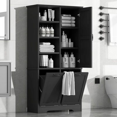 Bathroom Storage Cabinet With Doors And Drawers, Tilt-Out Laundry Hamper, Multiple Storage Space, Freestanding Style, Open Shelve, Adjustable Shelf, Black