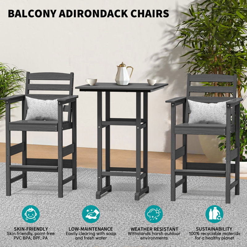 3-Piece HDPE Bar Set – All-Weather Patio Bistro Table & 2 Tall Bar Chairs, Fade-Resistant Outdoor Furniture For Balcony, Deck, Backyard, Or Poolside