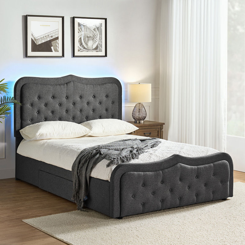Grand lit standard avec rangement capitonné Queneisha, Gris anthracite, Très grand
