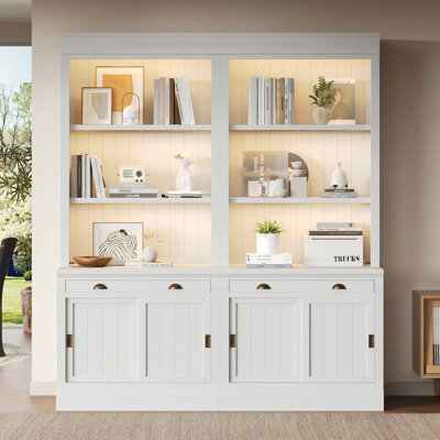 Modern 83.4"Tall Bookshelf Unit with LED Lighting, Storage Bookshelf Bookcase Suite with 2 Sliding Doors, Set of 2