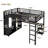 Queen size metal loft bed frame with built-in wardrobe, desk, and storage shelves, space-saving design, black