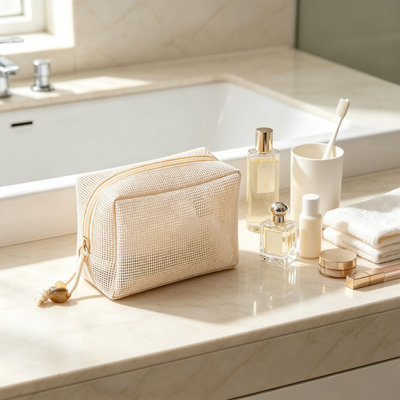 Pochette de rangement en plastique, octogonale, en filet avec fermeture éclair, mini pochette de rangement cosmétique, organisateur portatif en filet pour rouges à lèvres et petits produits de beauté
