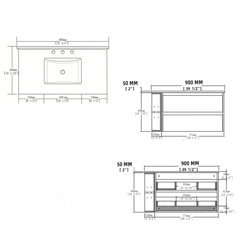 Meuble-lavabo suspendu de 91 cm avec lavabo, porte à fermeture amortie, comptoir et dosseret en marbre synthétique blanc de Carrare de 1,5 cm d'épaisseur, contreplaqué