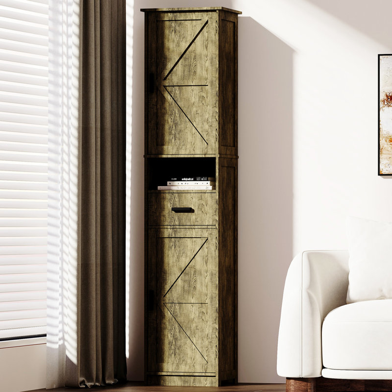 Armoire de rangement de 69 po de hauteur avec 2 portes de grange et 1 tiroir. Gris, tablettes réglables pour la salle de bain, le salon, la cuisine et le tiroir, tablettes, vestibule, cuisine, grand espace