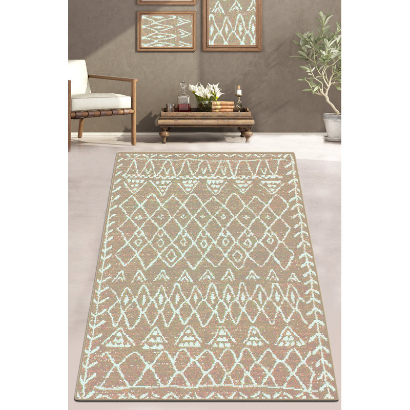 Premium Hall Carpet (4 x 5 ft), Beige & White, 100% Polyester | Pile Height: 0.2 in, Total Thickness: 0.4 in | Antibacterial, Non-Slip Underside, Machine Washable | Perfect for Living Room & Entryway Decor