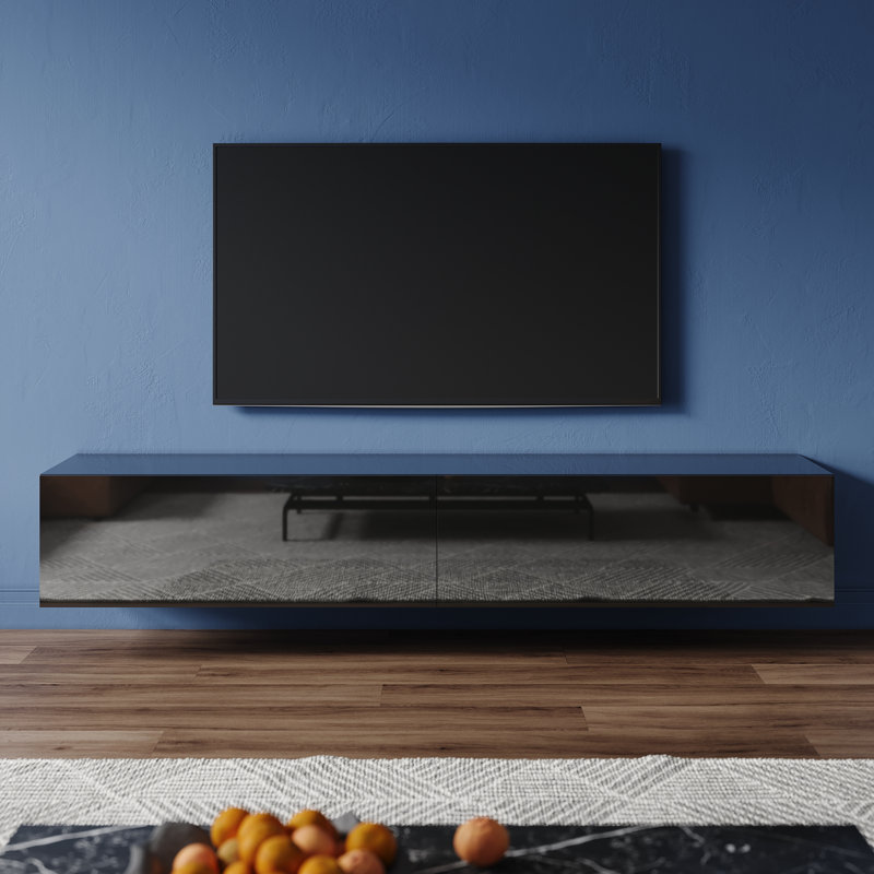 Hangable and floor standing TV stand in high-gloss UV panel, Black, 30cm H x 180cm W x 40cm D