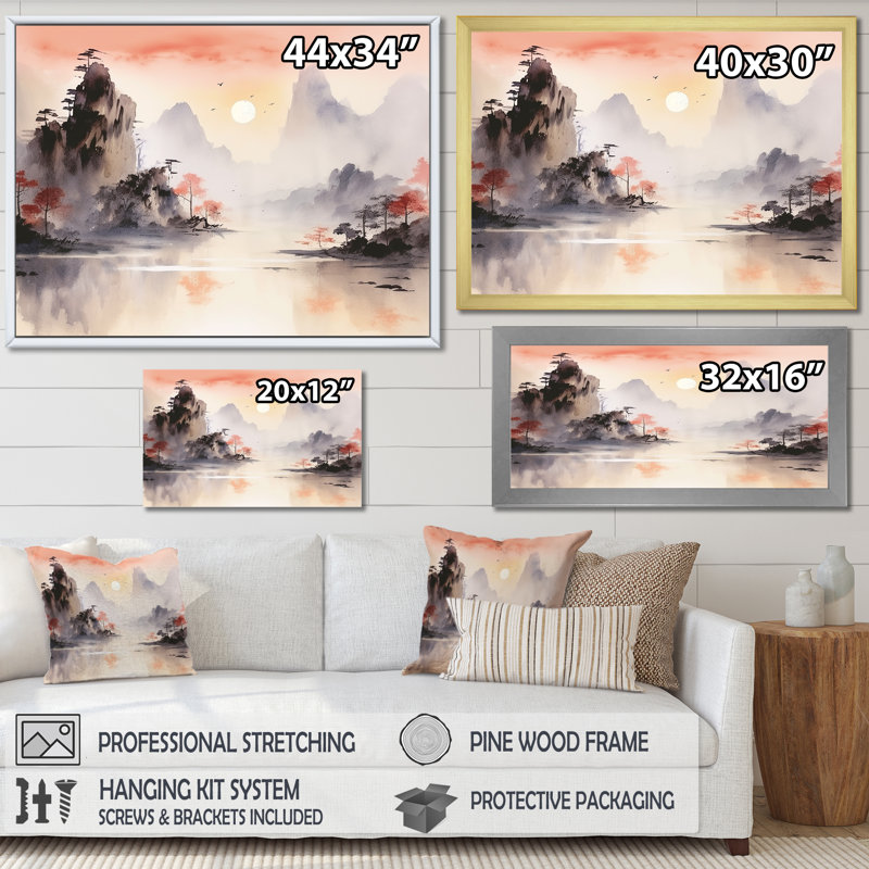 Orange, paysage chinois tranquille sérénité I - Chine, art mural, Toile tendue, H 30 po x l 40 po x P 1,5 po