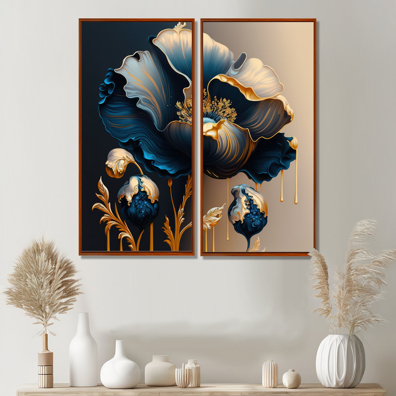 Bleu profond et fleur simple or V - impressions sur toile bleues 2 pièces, H 40 po x l 40 po, Brun