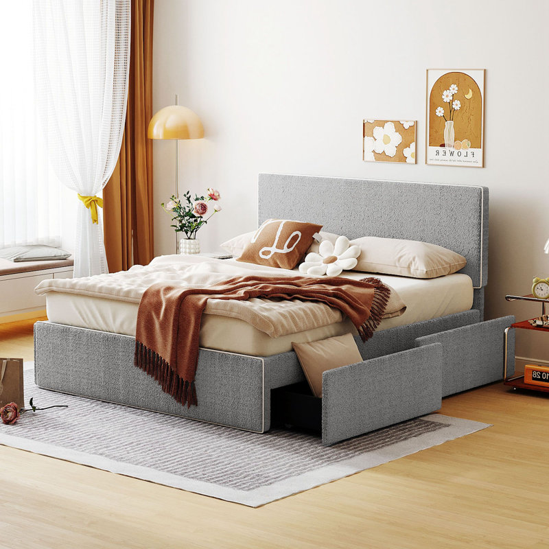Lit standard rembourré avec rangement, Grand, Gris