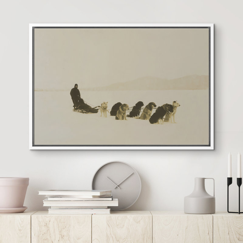 «Dog Sled Team», «Snowfield Adventure», reproduction d'art encadrée sur toile, art mural, H 24 po x l 36 po x P 1,5 po, Blanc