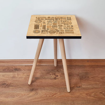 Elegant Side Table with Beech Wood Legs, Camel & Black | 100% MDF, Dimensions: 13.8 x 16.5 x 13.8 inches | Ethnic Geometric Design, Sturdy & Stylish Accent for Living Room or Bedroom, Ideal for Modern Decor
