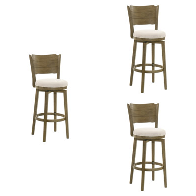 Winsley Coastal Modern Swivel Wood Bar Height Kitchen Bar Stool In Putty Brown Finish With White Boucle Fabric Upholstered Seat - Set Of 3