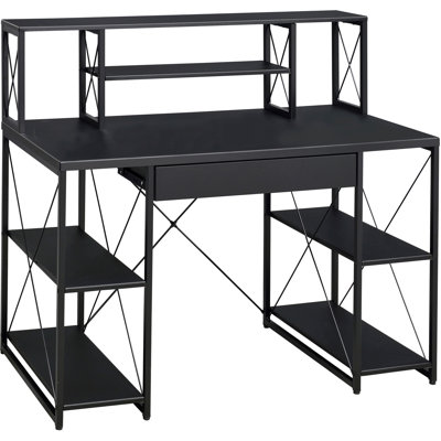 Black Office Desk Featuring Open Shelves And - Convenient Organization With 1 Drawer & 8 Compartments Elegant Wood Metal Design In For Accessories Stable Wooden Construction