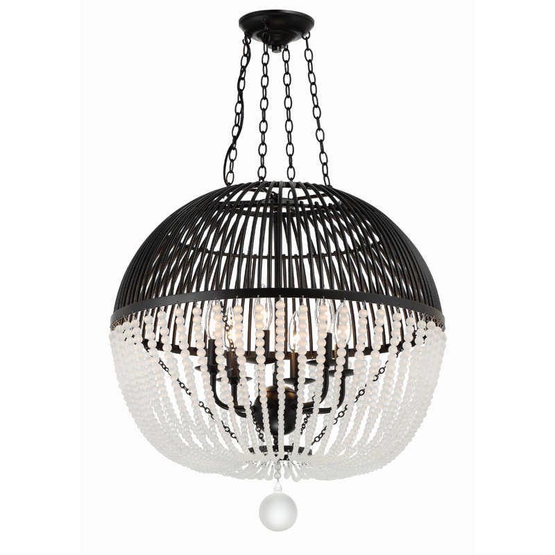 Matte Black Cage Chandelier with Frosted Glass Beads