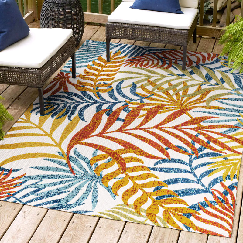 Manor Tropics Palm Leaves Cream/Orange Indoor/Outdoor Rug, Rectangle 4' x 6'