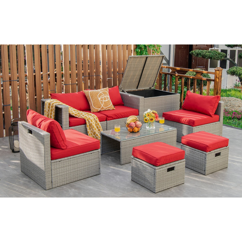 Ensemble de conversation avec canapé et coussins 8 pièces Aleshka, Gris, Rouge