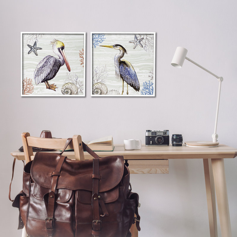 «Coastal Pelican & Heron», ensemble de 2 estampes numériques par Elena Vladykina, Cadre blanc, H 17 po x l 17 po