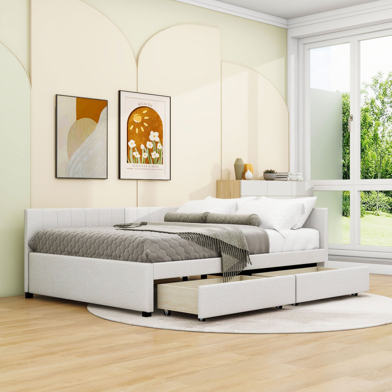 Tayson Full 2 Drawers Upholstered Daybed, Beige