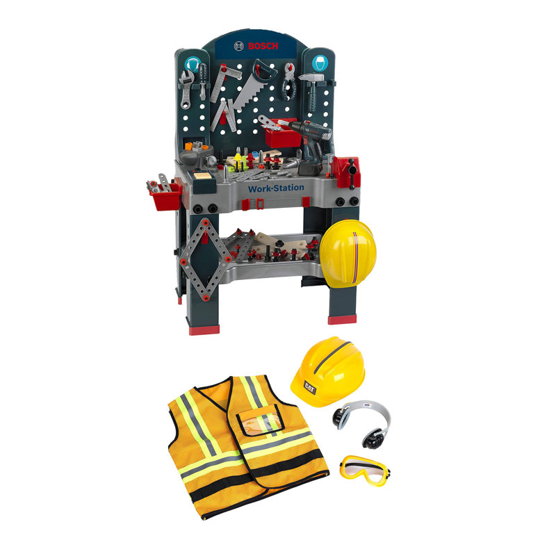Theo Klein Bosch Toy Workbench with Caterpillar Construction Worker Costume Set