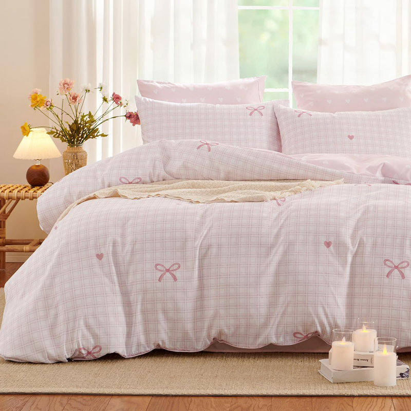 Ensemble d'édredon Nœuds papillon à carreaux roses Ensemble de literie édredon Motif réversible douillette en microfibre respirante et taie d'oreiller