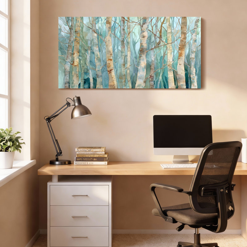 Ensemble de 1 tableau sur toile tendue, aquarelle représentant une forêt de bouleaux, H 12 po x l 36 po