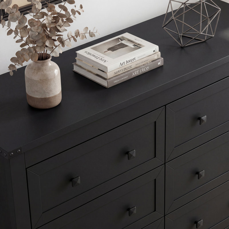 Jaretssi 6 - Drawer Double Dresser 42.7' W, Chest of Drawers with Metal Square Handle, Black/Gold